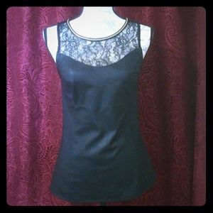 Express black faux leather top with gold and lace